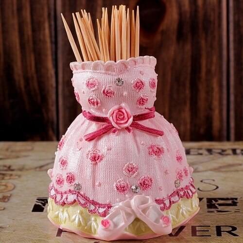 Pink Toothpick Box Resin Crafts Table Decoration Skirt Toothpicks Cup Boxes For Home Decor Flower Toothpick Holder