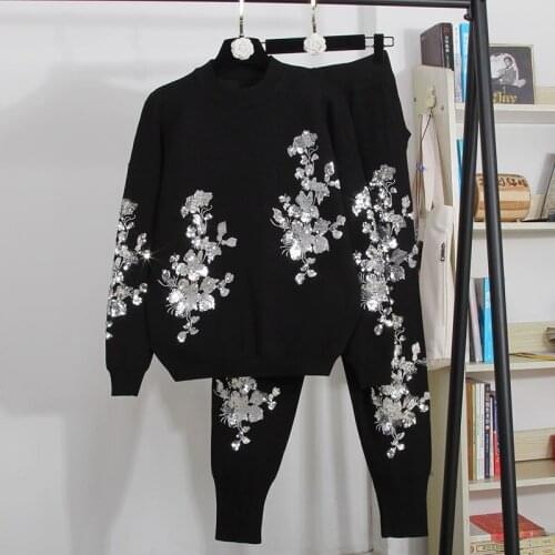 Handwork Sequins Flowers Knitted Set Women Tracksuits 2pc Pullover Sweater Pencil Pants Two Piece Outfits Female Loose Knit Suit