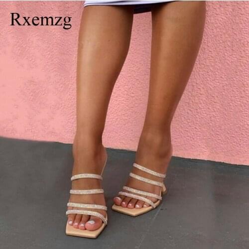 Rxemzg fashion crystal sandals shoes woman slippers high heels sexy summer slides ladies party rhinestone narrow band sandals