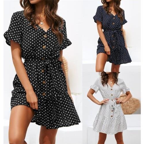 Leisure Dot High Waist Lace-up V-neck Chiffon Dress printed dress elegant women lady dress Plus Size casual female sundress