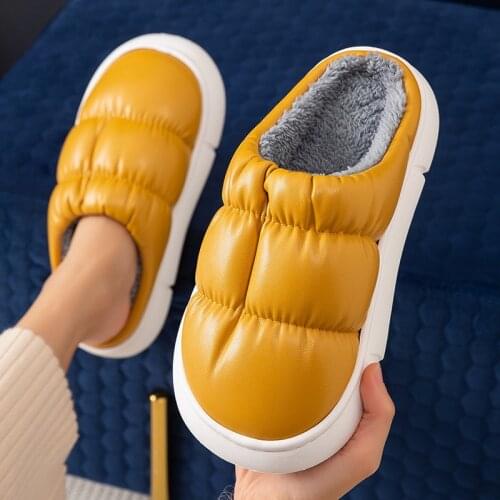 PU Lint Slippers Winter Home Thickened With Velveteen Full Bag With Warm lovers' Waterproof Cotton-Padded Shoes x1087