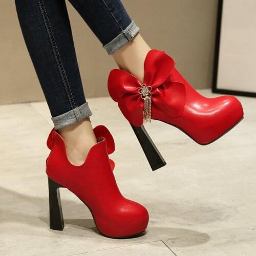 Sweet Bow Knot Women Pumps Fashion Zipper Platform Wedding Shoes Women Crystal Square High Heel Pumps Spring Autumn Lady Shoes