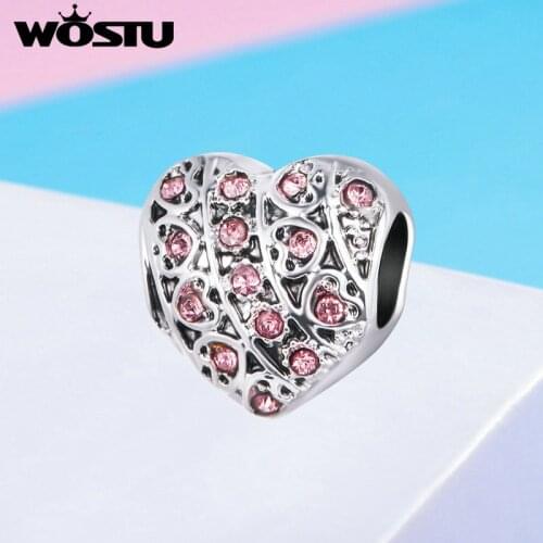 WOSTU Heart Beads Alloy Pink Crystal Glass Bead For Original Bracelet Charms Necklace Pendant Women DIY Jewelry Making FOC007