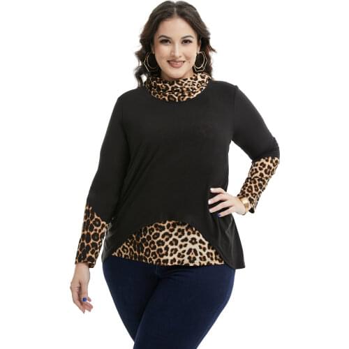 YTL Womens 2021 Spring Winter Trendy High Collar Double Layered Plus Size Leopard Blouse Casual Loose Pullover Tops Tunic H420