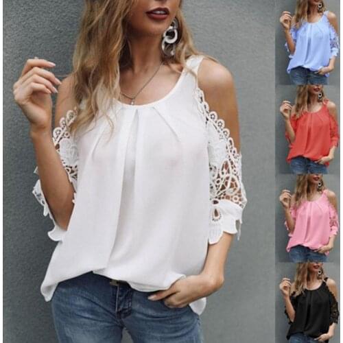 Womens T-shirt Lace Hollow Out Sleeve Women Solid Color Off Shoulder Blouse Plus Size Summer Ladies Casual Shirt Tee 5 Colors
