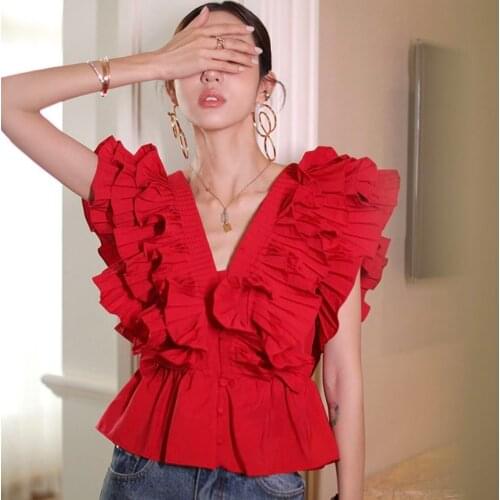Womens Spring Summer Runway Fashion Deep V Neck Backless Ruffles Shirt Female High Waist Casual Short BlouseTop TB1960