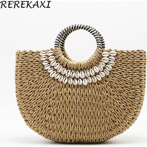 Womens Handbag Handmade Drawstring Straw Bag Summer Woven Shell Large Capacity Beach Bag Bohemia Female Knitted Top-Handle Tote