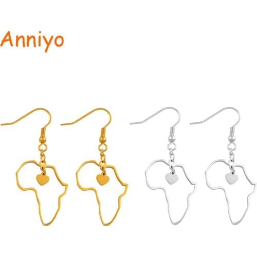 Anniyo Heart Map of Africa Earrings for Women Girl Trendy Silver Color/Gold Color African Maps Jewelry #045721