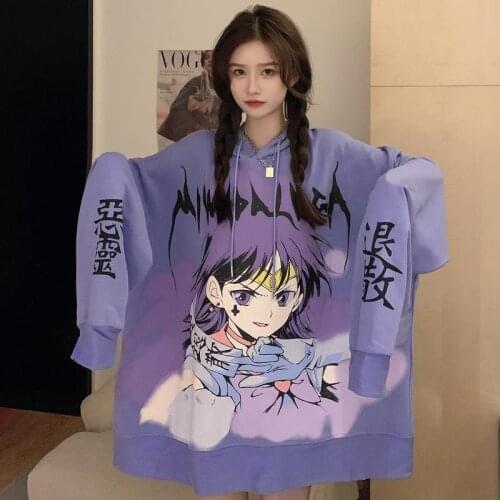 Sweatshirt Female Ins Trend Korean Version of the Dark Harajuku Women Cartoon Anime Print Hooded Pullover Clothing for teens