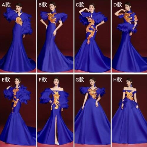 Blue Trailing Sexy Cheongsam Slim Qipao Vestidos Asian Bride Wedding Evening Party Dresses long Gown