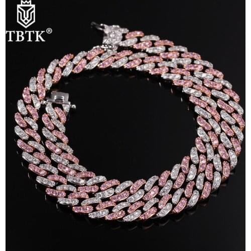 TBTK 9mm Iced Out Women Choker Necklace Cuban Link With White &Pink Cubic Zirconia Chain Jewelry