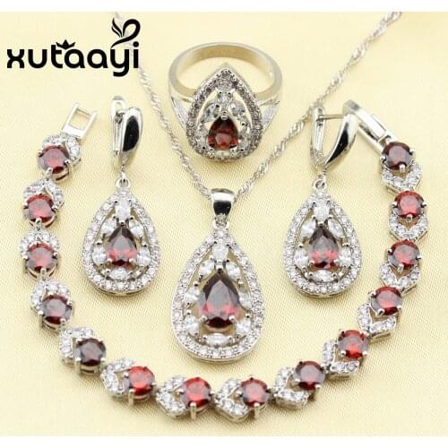 Distinctive Red Created Garnet 4PCS Jewelry Set Sterling Silver Earrings Ring Necklace Pendant Bracelet Christmas gift