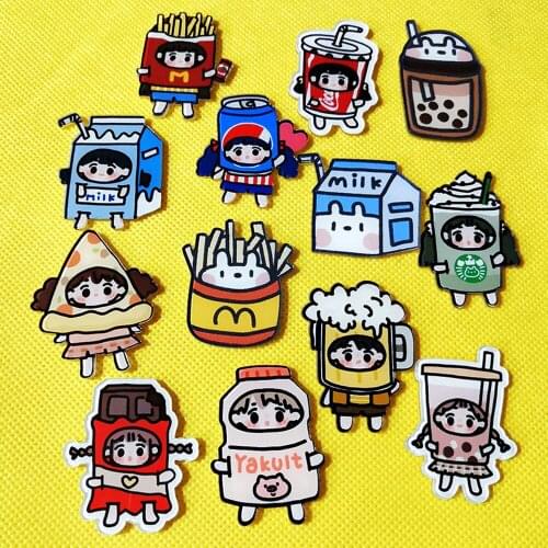 50pcs 13 Styles Mix Cartoon Boy Girl Milk Drink Yogurt Food Flatback Planar Resin Cabochon DIY Crafts Embellishments Accessories