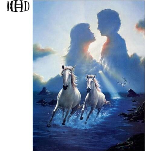 MHD 5d diy diamond embroidery double horse couple diamond painting sea crystal decoration rhinestone mosaic needlework