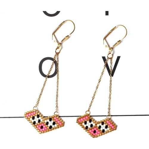 FAIRYWOO Pink Heart Earring Fashion Jewelry Stainless Steel Chains Sweet Heart Accessories For Women Boho Miyuki Drop Earrings