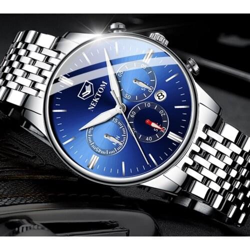 NEKTOM Men Fashion Watch Male Clock Fashion Luxury Steel Blue Dial Watches Waterproof Quartz Wristwatch Date Clock For Men Watch