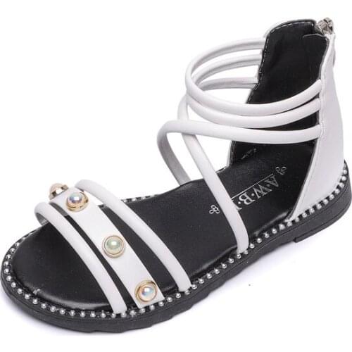 Childrens Flats Girls Summer New Fashion Casual Wild Non-slip Soft Bottom Childrens Pearl Roman Shoes Princess Beach Sandals