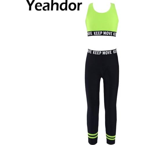 Kids Girls Dance Sport Suit Sportwear Straps Cross at Rear Print Crop Vest and Pants Set Sportswear for Running Gym Yoga Workout