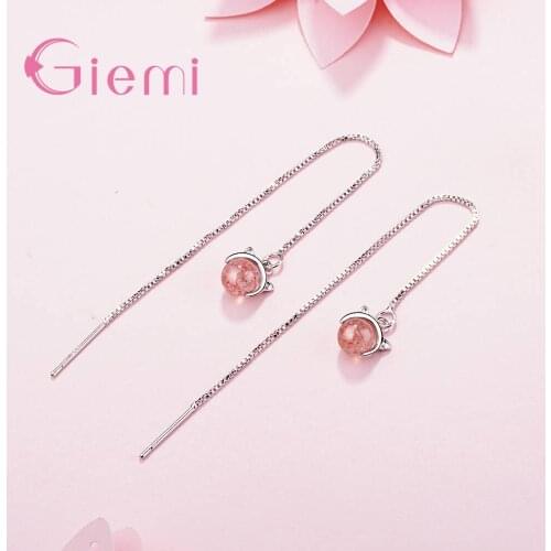 Long Thin Chain 925 Sterling Silver Earrings With AAA Pink Round Crystal Pendant For Women Girls Engagement Jewelry