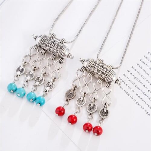 HOCOLE Hot Sale Vintage Ethnic Tibetan Silver Necklace Pendant For Women Fashion Red Blue Stone Hollow Carved Necklace Jewelry