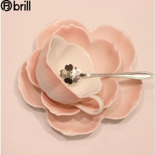 British Tea Pink Cute Coffee Cup Cherry Nordic Style Flower Ceramic Cups Coffee Mug Travel Teacup and Saucer Set Couple Gift 50