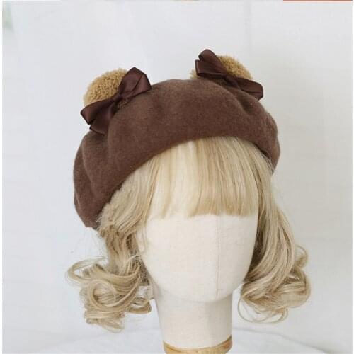 Handmade Kawaii Beret Hat Lolita Bear Ear Sweet Woolen Bowknot Warm Autumn Winter Painter Hat Headdress B1637