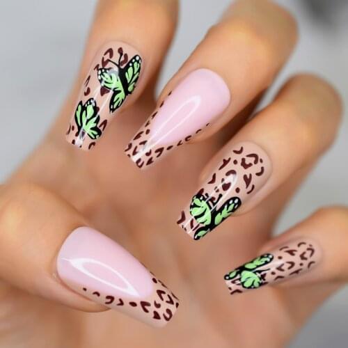 Popular Green Butterfly French Press on False Nails Glossy Brown Leopard Pattern Pink Long Ballerina Coffin Fake Fingers Nails
