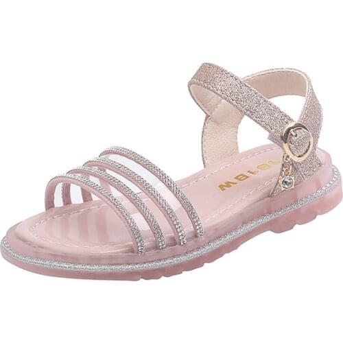 2021 new sandals summer rhinestone girls beach shoes fashion princess shoes glittering student sandals for party chic flats