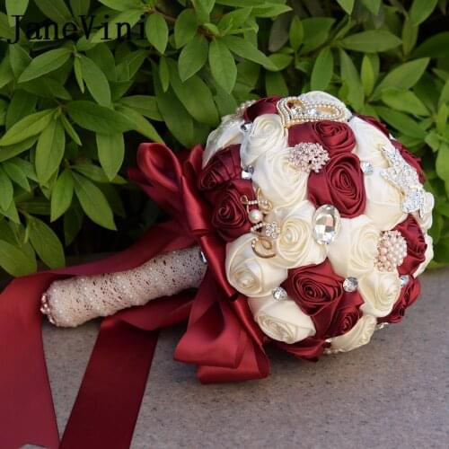 JaneVini Luxury Crystal Wedding Bouquet for Bride Satin Rose Bridal Bouquet Shiny Rhinestone Pearls Burgundy Gray Red Flowers