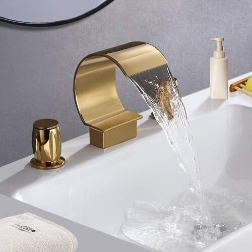 Top quality luxury gold bathroom sink faucet waterfall golden basin mixer faucet cold hot water three holes two handles tap