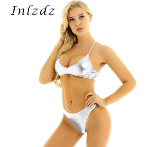 2Pcs Womens Shiny Metallic Bikini Swimsuit Swimwear Set Strappy Cross Back Crop Top with Low Rise Briefs Underwear Beachwear
