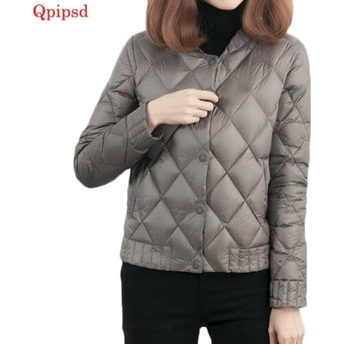 2019 Autumn Winter Down Jacket Women New V-neck Slim Thin White Duck Down Jacket Coat Womens Short Solid Covered Button Jackets