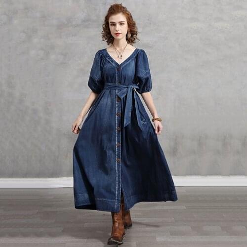 SeeBeautiful Vintage Loose A-line Denim Dress V-neck Puff Sleeve Single Breasted Belts New Fashion 2021 Spring Women E129