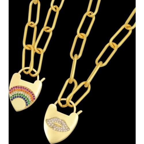 CZ Rainbow Chunky Padlock Necklace Colorful Jewelry for Women collier femme New Design Cubic Zirconia Lips Shape Lock Jewelery