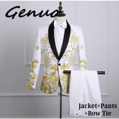 Gold Embroidery Dress Suit Men Slim Fit Shawl Lapel Mens White Suits With Pants Stage Prom Wedding Grooms Singer Costumes Homme
