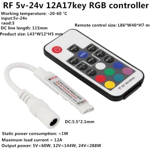 1pcs 4Ax3Channel DC5v-24V RGB MINI controller with 17Keys RF remote for 5050 3528 RGB LED Strip Light