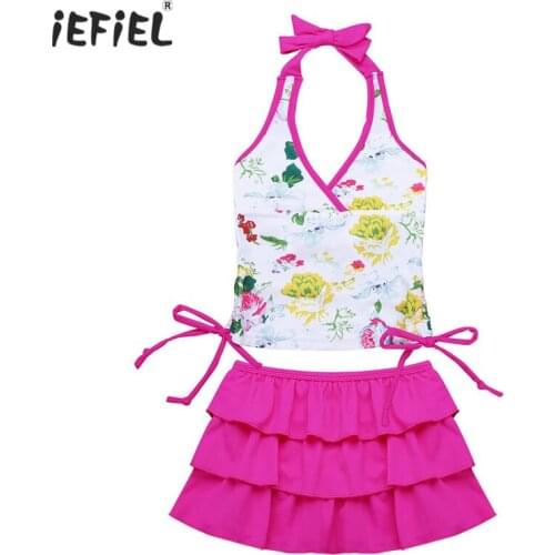 2PCS New Kids Girls Floral Printed Swimwear Adjustable Halter Swim Top with Ruffled Skirt Tankini Swimwear Swimsuit Set SZ 3-14