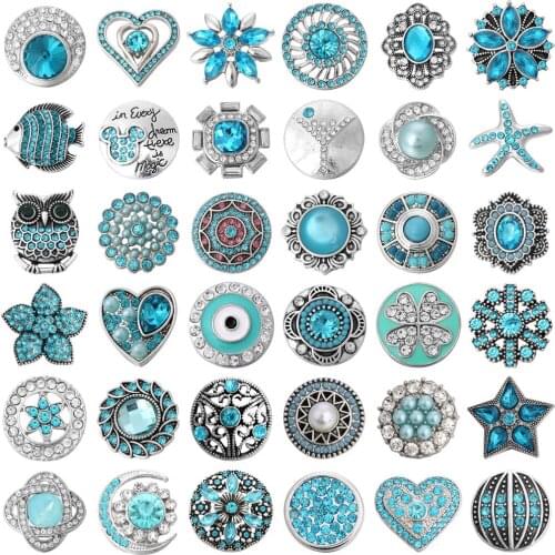 6pcs/lot 18mm Snap Button Jewelry Blue Color Rhinestone Cross Heart Fish Owl Star Snaps Fit Snap Button Bracelet