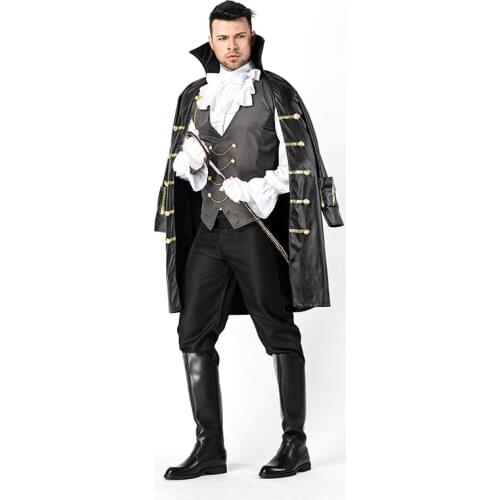 Free Shipping The evil spirit the castle Halloween men costume Black Faux Leather Coat Adult Vampire Movie Cosplay Fancy Dress