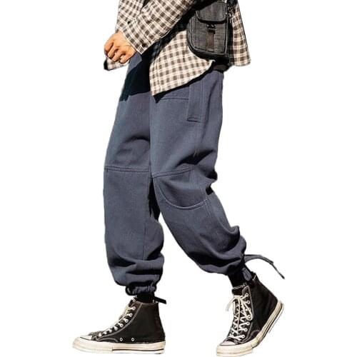 Fashion Men Soft Waist Ankle Tie Drawstring Loose Multi-Pocket Pants Trousers Loose wide-leg pants Loose wide-leg pants