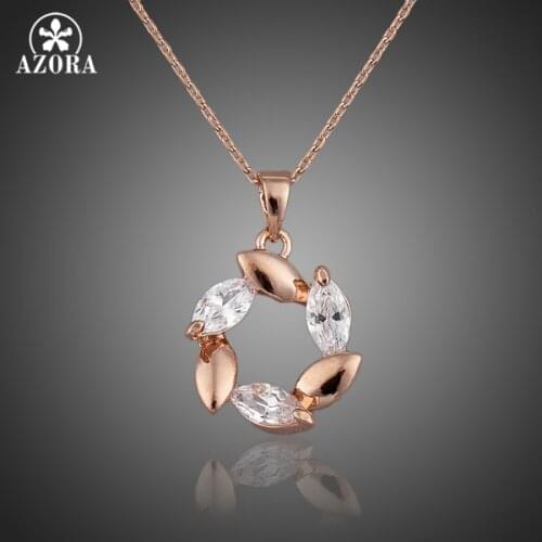 AZORA Rose Gold Color Flower Clear Cubic Zirconia Pendant Necklace TN0050