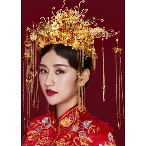 Hot Sale Chinese Wedding Traditional Phoenix Coronet Long Tassel Tiaras Crowns Earrings Bride Wedding Party Jewelry Sets