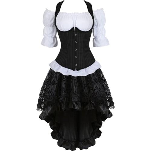 Corset dress set burlesque skirt straps top vest stripe bustier corsets pirate lingerie plus size black 3 piece sexy cosplay