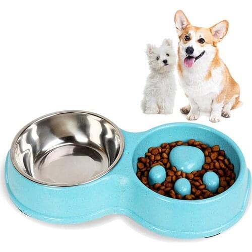 Dog Bowls Slow food Double Bowls Stainless Steel Dog Cat Feeding Drinking Bowls High Quality Universal Pet Feeder