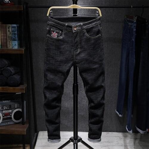 Mens Jeans Applique Decoration Black Denim Trousers Fashionable Slim Straight Leg Pants 2020 Streetwear Men Skinny Jeans