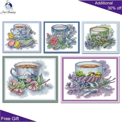 Joy Sunday J479 J480 J481 J482 J483 Stamped Counted Home Decor French British Dutch Russian Japanese Teacup Cross Stitch Kits