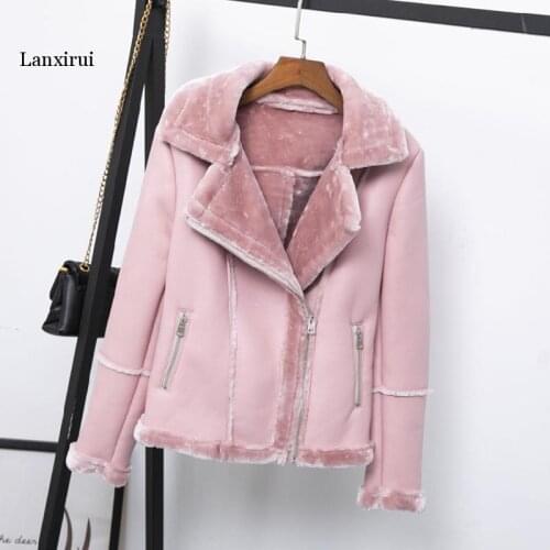 New Winter Faux Shearling Sheepskin Coats Women Thick Warm Pu Faux Lamb Leather Jacket Black Motorcycle Female Overcoat Top