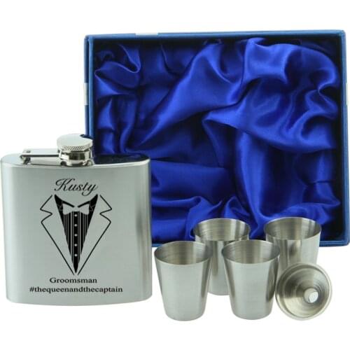 Personalized wedding favor of Groomsman/Best man gift 6oz black stainless steel hip flask +4 shot glass Gift box packing