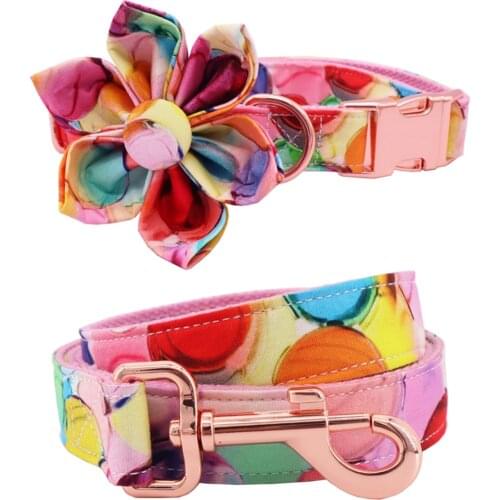 Bubble girl dog collar dog flower and leash set for pet dog cat with rose gold metal buckle