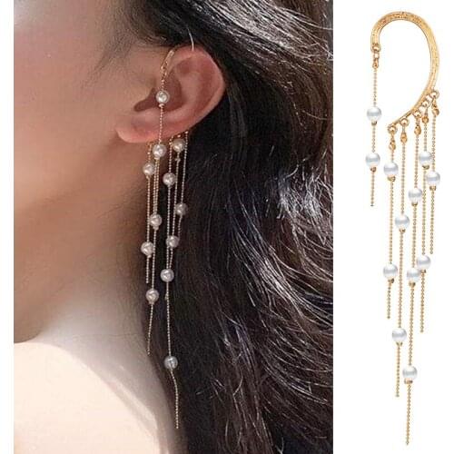1pcs Vintage Pearl Tassel Ear Wrap Crawler Earrings For Women Party Non-Piercing Long Hanging Hook Earrings Wedding Jewelry